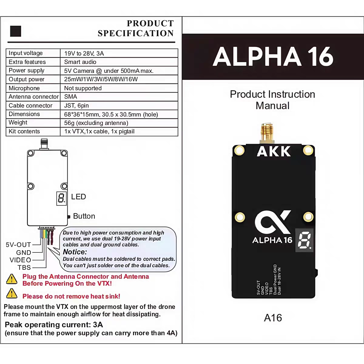 AKK Alpha16 wireless image transmission 5.8G 16W video transmitter 96CH FPV VTX