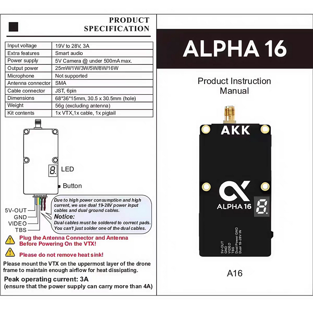 AKK Alpha16 wireless image transmission 5.8G 16W video transmitter 96CH FPV VTX
