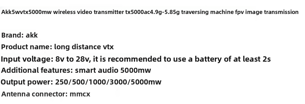 AKK TX5000AC Wireless Image Transmission 5.8G 5W Crossing Machine Video Transmitter 80CH FPV VTX